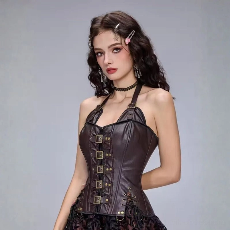 Women's Steampunk Leather Corset with Bronze Buckles and Studded Trim - Side Angle