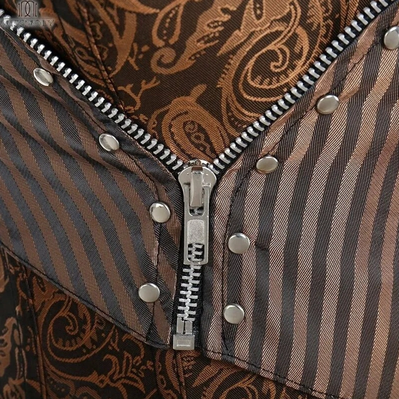 Steampunk corset zipper close-up displaying silver metal zipper, round rivets, and mixed striped and paisley fabric detail
