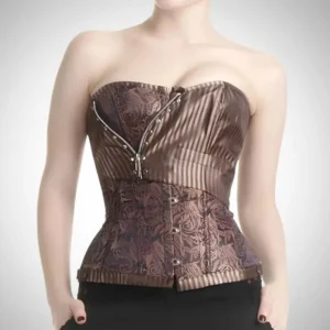 Industrial zip-front steampunk corset with brown striped and paisley jacquard fabric, front view on white background