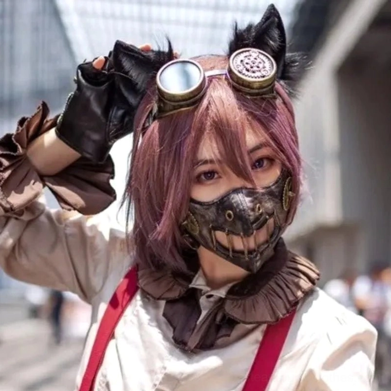Steampunk face mask worn with ruffled collar and suspender shirt - tactical mouth mask design with metal gear embellishments street convention styling