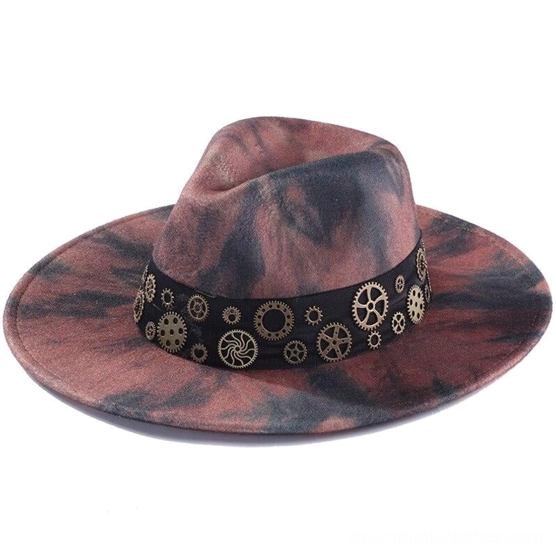 Steampunk cowboy fedora hat with matching tie-dye pattern and gear decoration, right front side view on white background