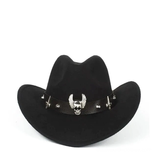 Black steampunk western stetson hat with winged skull emblem and metal studs on leather hat band, three-quarter front angle on white background