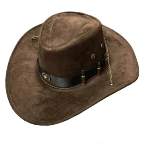 Steampunk brown suede cowboy hat with bullet-shaped trinkets on hat band, right three-quarter front view displaying mechanical embellishments