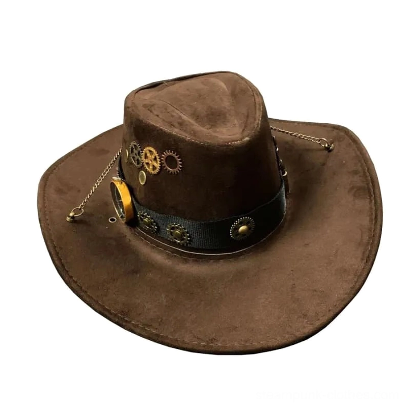 Steampunk cowboy hat with gears chain and compass details, low angle left three-quarter view emphasizing industrial ornamental trim