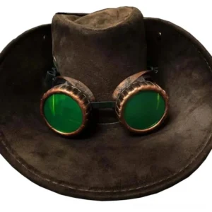 Steampunk cowboy hat with removable goggles front view, centered round green-tinted lenses in aged bronze frames, unisex alternative western hat