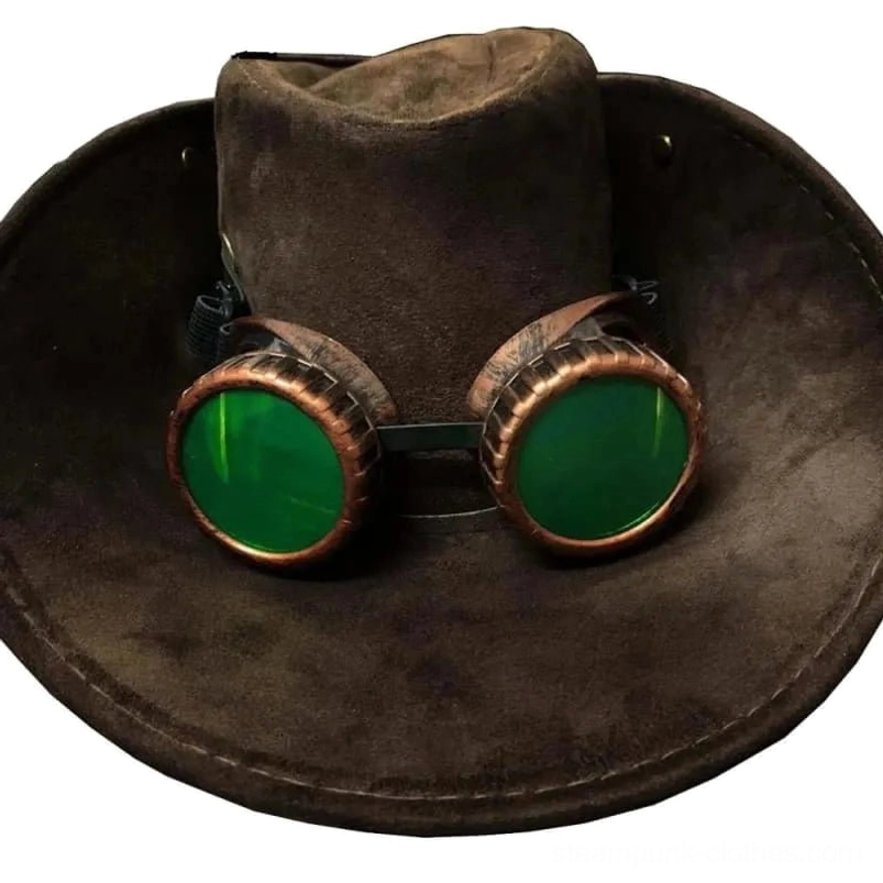 Steampunk cowboy hat with removable goggles front view, centered round green-tinted lenses in aged bronze frames, unisex alternative western hat