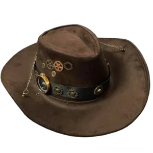Steampunk cowboy hat with brass gears and compass trim, left three-quarter front view on white background showing industrial Victorian design details