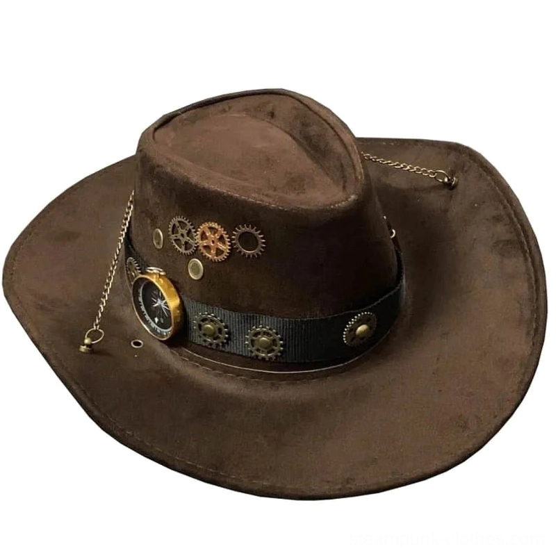 Steampunk cowboy hat with brass gears and compass trim, left three-quarter front view on white background showing industrial Victorian design details