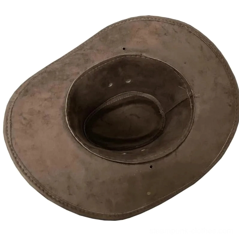 Steampunk cowboy hat interior top-down view showing ventilation holes and brown suede lining construction