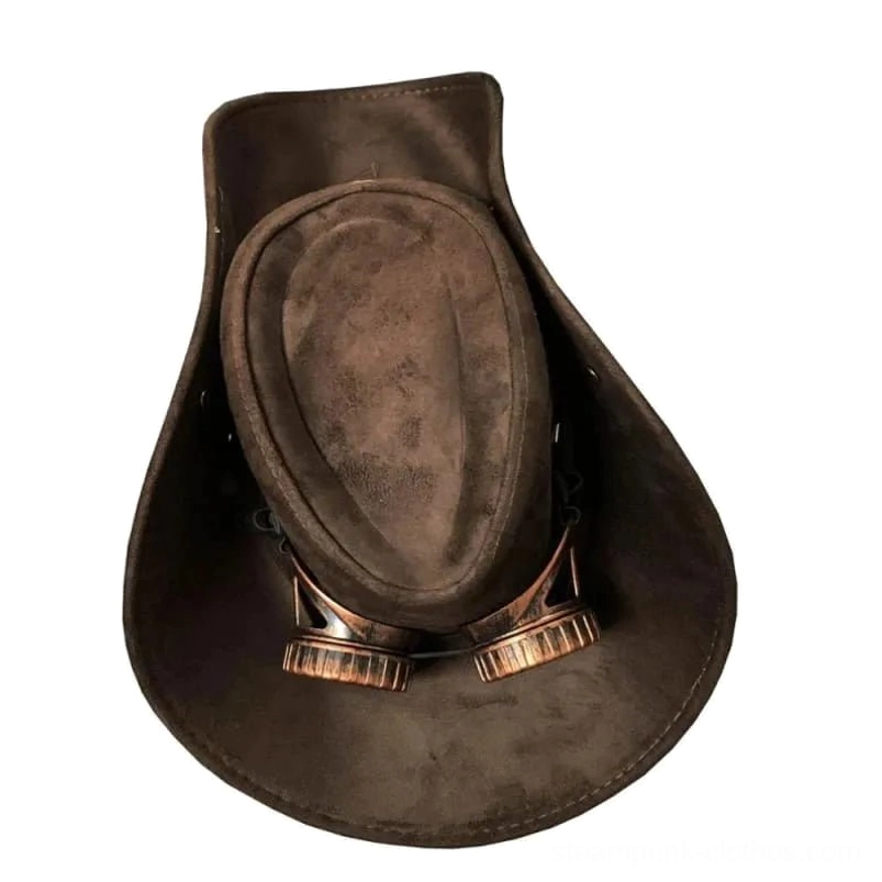 Steampunk cowboy hat top-down rear view, goggles mounted under crown, dark brown suede fabric, vintage-inspired removable accessories