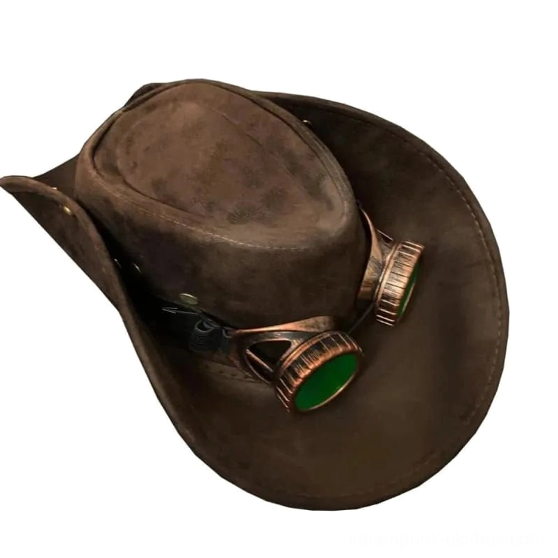 Steampunk cowboy hat right side rear view, removable goggles positioned on hat brim, matte brown suede finish, industrial steampunk aesthetic