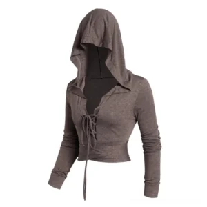 Hooded crop top oblique perspective showcasing ruched long sleeves and fitted lace-up closure details