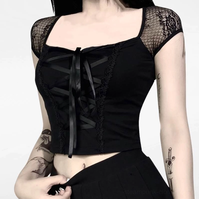 Black gothic steampunk cropped lace top with satin ribbon lace-up front and fishnet cap sleeves, front view on model