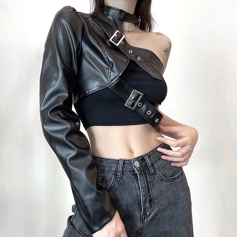 Steampunk cropped leather jacket featuring distinctive single long sleeve design with silver hardware accents and cropped waistline silhouette, front-center view