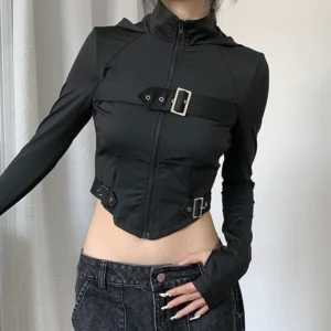 Black steampunk cropped zip jacket with metal buckle decorations and fingerless sleeves, three-quarter front view on model