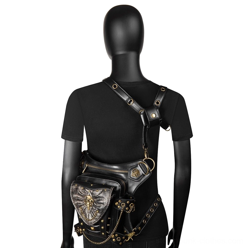 Steampunk gothic waist bag configured as crossbody harness on torso form demonstrating versatile shoulder strap configuration