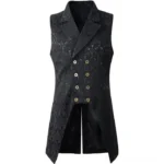 Steampunk double-breasted damask jacquard waistcoat front view - black formal vest with notched lapels and ornate metal buttons