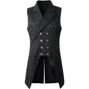Steampunk double-breasted damask jacquard waistcoat front view - black formal vest with notched lapels and ornate metal buttons