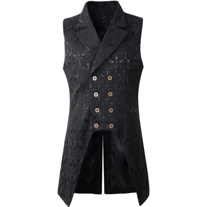 Steampunk double-breasted damask jacquard waistcoat front view - black formal vest with notched lapels and ornate metal buttons