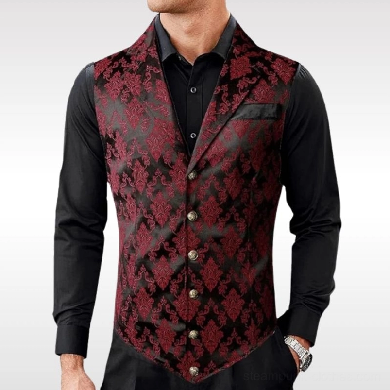 Men's black and red damask steampunk waistcoat with ornate gold-tone metal buttons and notched lapel, front three-quarter view