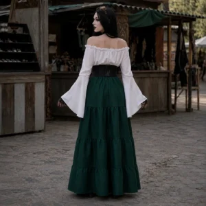 Emerald green Victorian steampunk dress with bell sleeves and layered skirt, rear view showing back detail and full silhouette