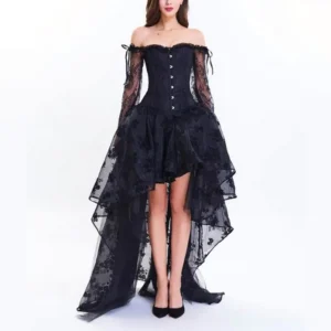 Dark duchess steampunk dress buttoned corset top with sheer floral mesh skirt, full front studio shot