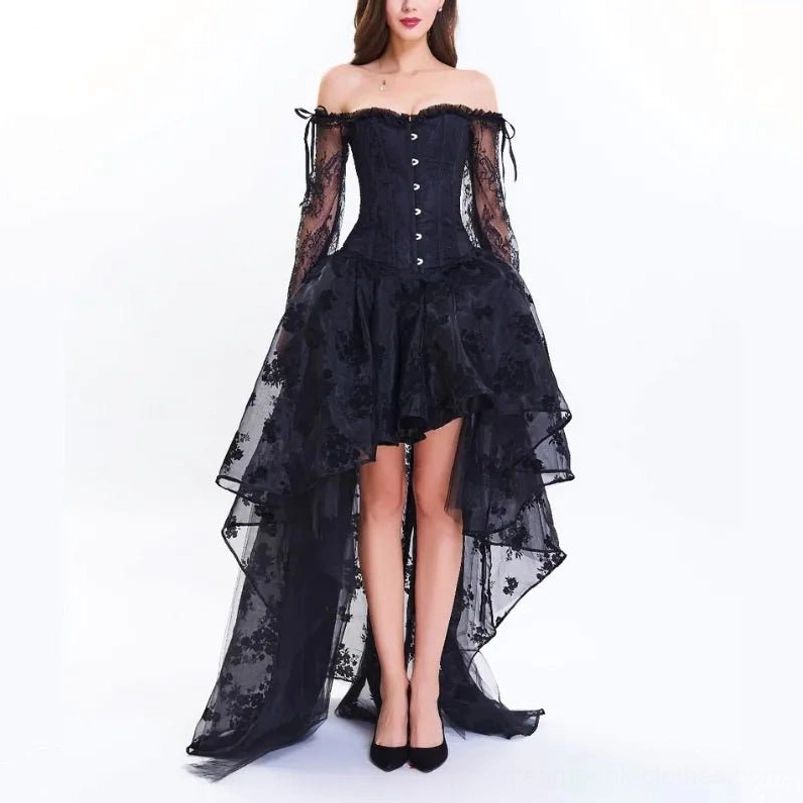 Dark duchess steampunk dress buttoned corset top with sheer floral mesh skirt, full front studio shot