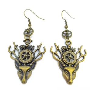 Steampunk deer head drop earrings front view bronze metal with ornamental gear and cog between antlers