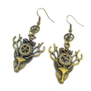 Matching pair of steampunk deer head earrings with patina bronze finish and intricate deer facial features