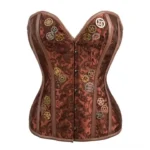 Steampunk strapless corset front view with vintage damask pattern, metal gear ornaments, and steel busk closure - Dark brown denim cotton durable construction
