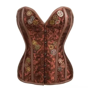 Steampunk strapless corset front view with vintage damask pattern, metal gear ornaments, and steel busk closure - Dark brown denim cotton durable construction