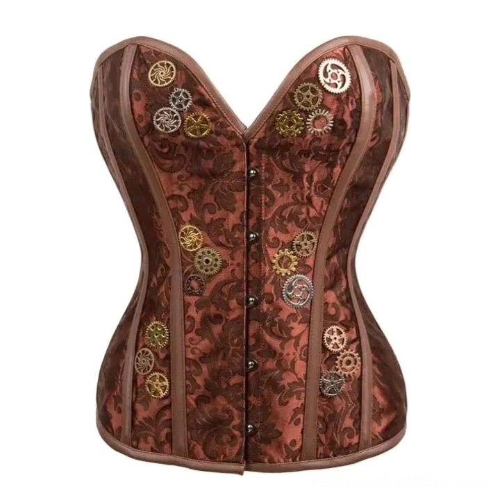 Steampunk strapless corset front view with vintage damask pattern, metal gear ornaments, and steel busk closure - Dark brown denim cotton durable construction
