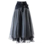 Steampunk denim and mesh skirt full front view with dual buckle waist and layered tulle design