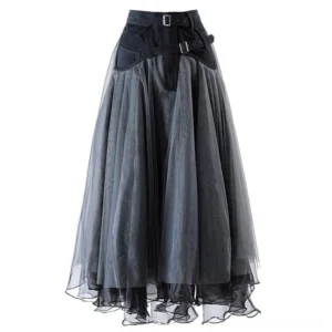 Steampunk denim and mesh skirt full front view with dual buckle waist and layered tulle design