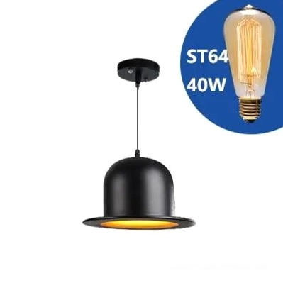 Derby hat steampunk pendant lamp variant with ST64 40W Edison bulb, front view showing simplified industrial design