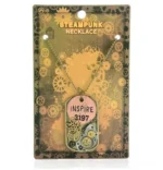 Steampunk dog tag necklace with brass copper tones and intricate gear decorations in retail packaging display showing antique metal texture
