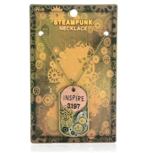 Steampunk dog tag necklace with brass copper tones and intricate gear decorations in retail packaging display showing antique metal texture
