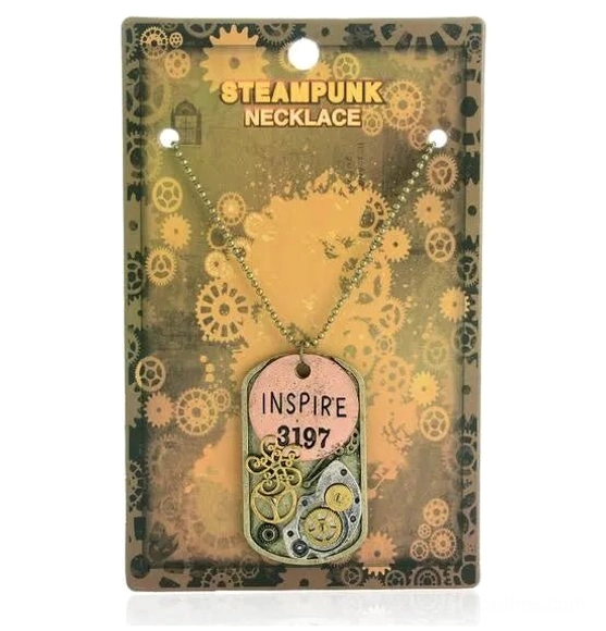 Steampunk dog tag necklace with brass copper tones and intricate gear decorations in retail packaging display showing antique metal texture