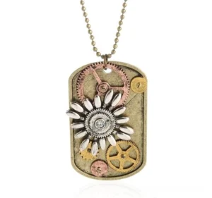 Close-up frontal view of steampunk dog tag pendant featuring antique bronze multi-color gear accents and silver sunflower charm on ball bead chain