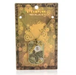 Steampunk dog tag pendant necklace in vintage bronze tone with gear-engraved packaging and metal engraved pendant details, front flat display