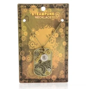 Steampunk dog tag pendant necklace in vintage bronze tone with gear-engraved packaging and metal engraved pendant details, front flat display