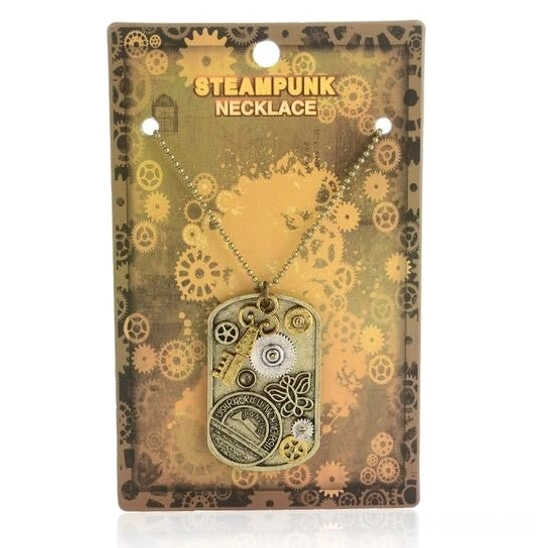 Steampunk dog tag pendant necklace in vintage bronze tone with gear-engraved packaging and metal engraved pendant details, front flat display