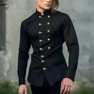 Black double-breasted steampunk stand collar shirt front view on male model, three-quarter angle showing tailored fit, brass buttons, and industrial aesthetic against concrete backdrop