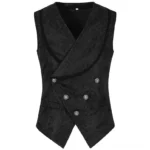 Steampunk double-breasted waistcoat with vintage metal buttons, black jacquard fabric, and shawl collar - front view flat lay