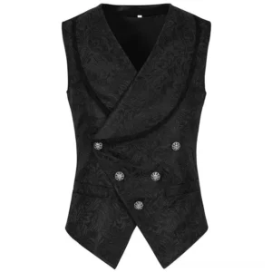 Steampunk double-breasted waistcoat with vintage metal buttons, black jacquard fabric, and shawl collar - front view flat lay