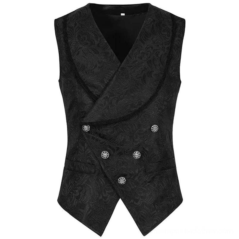 Steampunk double-breasted waistcoat with vintage metal buttons, black jacquard fabric, and shawl collar - front view flat lay