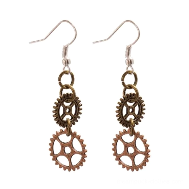 Steampunk stacked gear drop earrings front flat lay display, antique bronze and rose gold finish with dual gear per earring