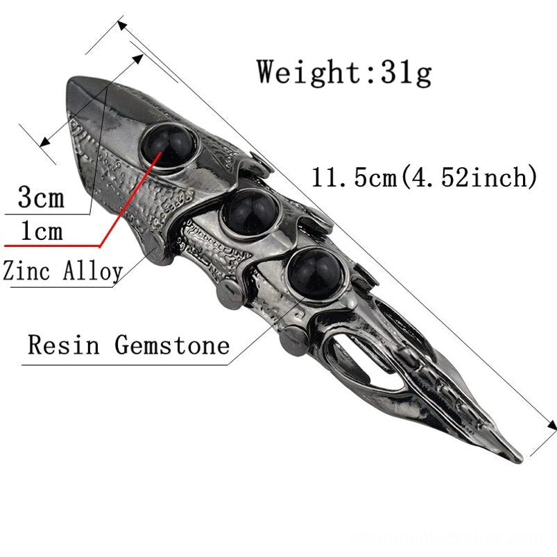 Steampunk finger armor technical product specification shot displaying zinc alloy material, 11.5cm length measurement, 31g weight, and three black resin gems