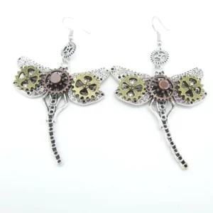 Steampunk dragonfly drop earrings with gear-adorned wings and vintage metal finish, frontal flat lay view on white background
