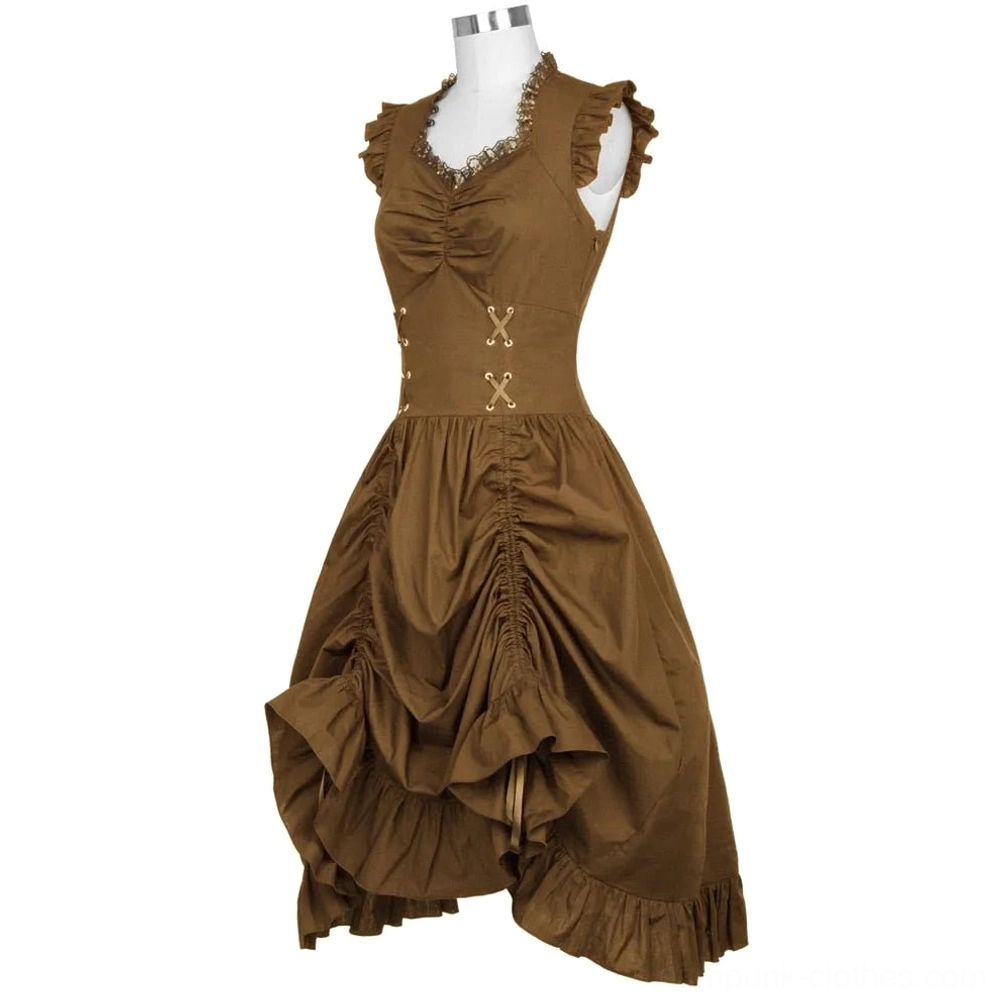Bronze belle epoque steampunk dress angled view showing ruffled sleeves and asymmetrical high-low skirt